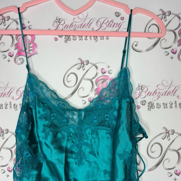 La senza dress babydoll lace corset tie up sides shimmer Teal Satin Chemise - Picture 11 of 15